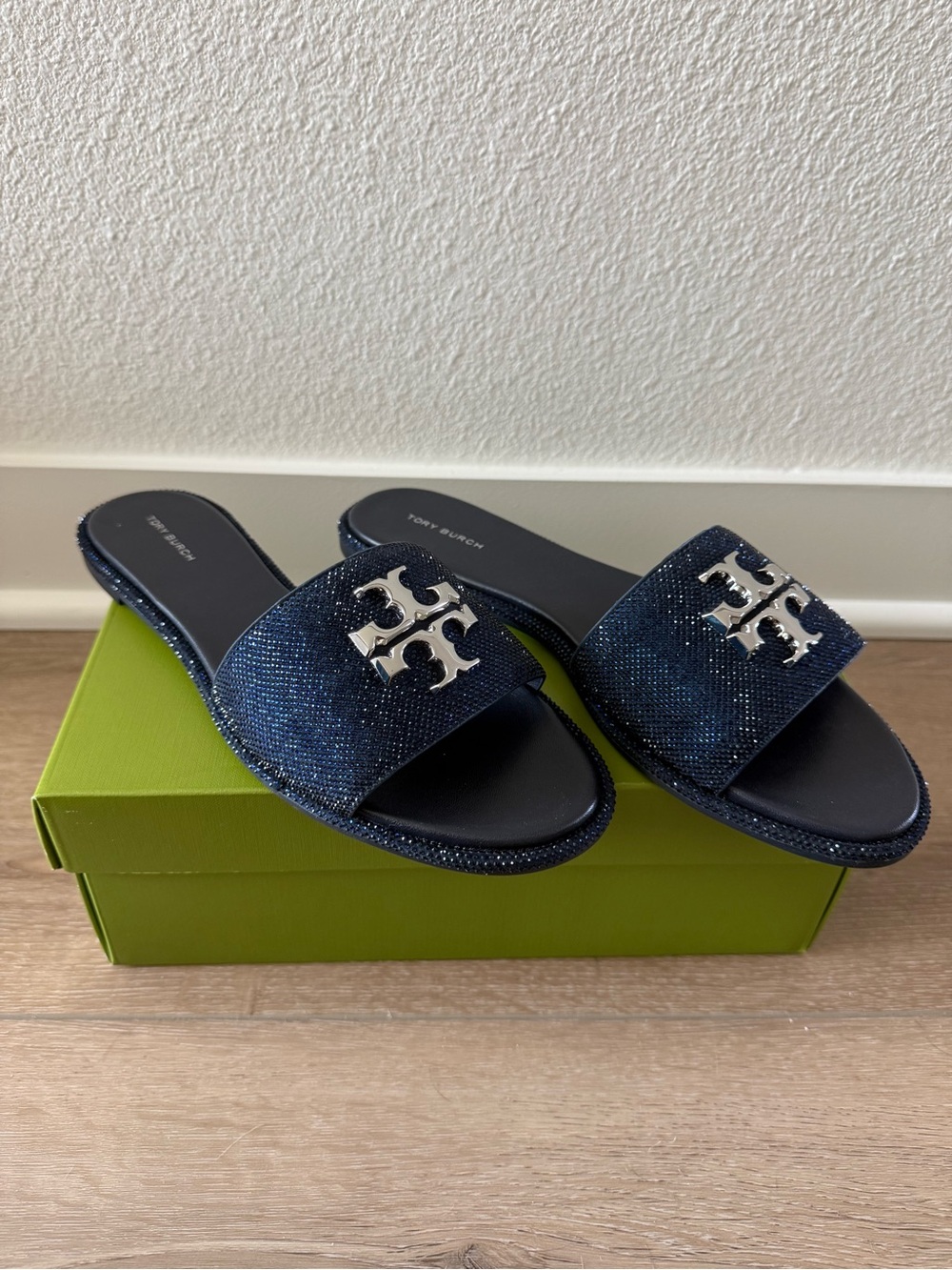 NIB Tory Burch Everly Royal Suede Navy Blue Pave Crystal Slides Sandals 10 B